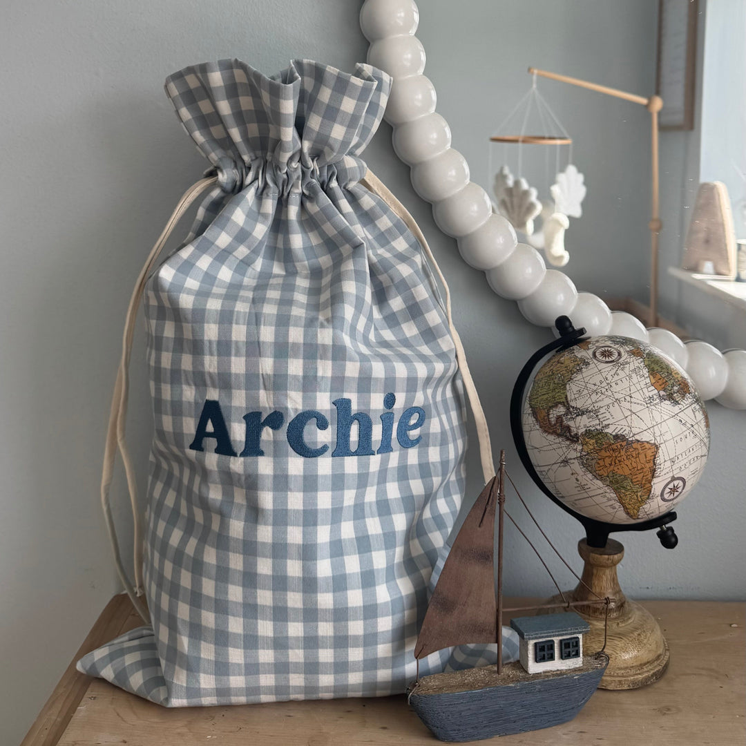 Mabel & Fox - Personalised Blue Gingham Mini Gift Sack - Embroidered