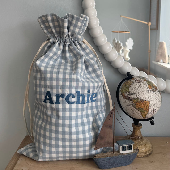 Mabel & Fox - Personalised Blue Gingham Mini Gift Sack - Embroidered