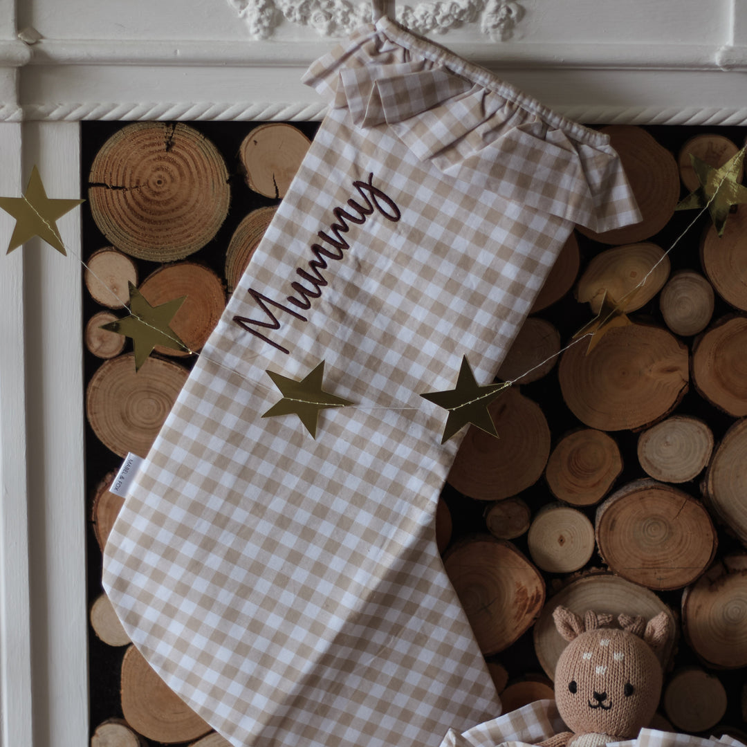 Mabel & Fox - Personalised Beige Gingham Stocking - Embroidered - Mabel & Fox