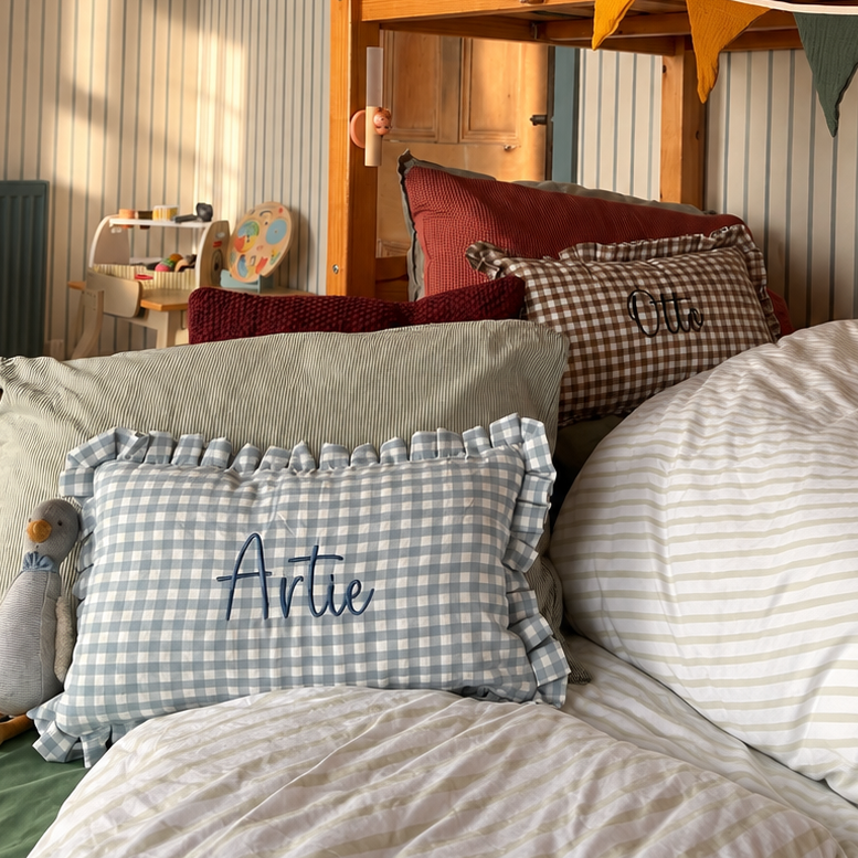 Mabel & Fox - Personalised Gingham Ruffle Cushion Cover - Blue