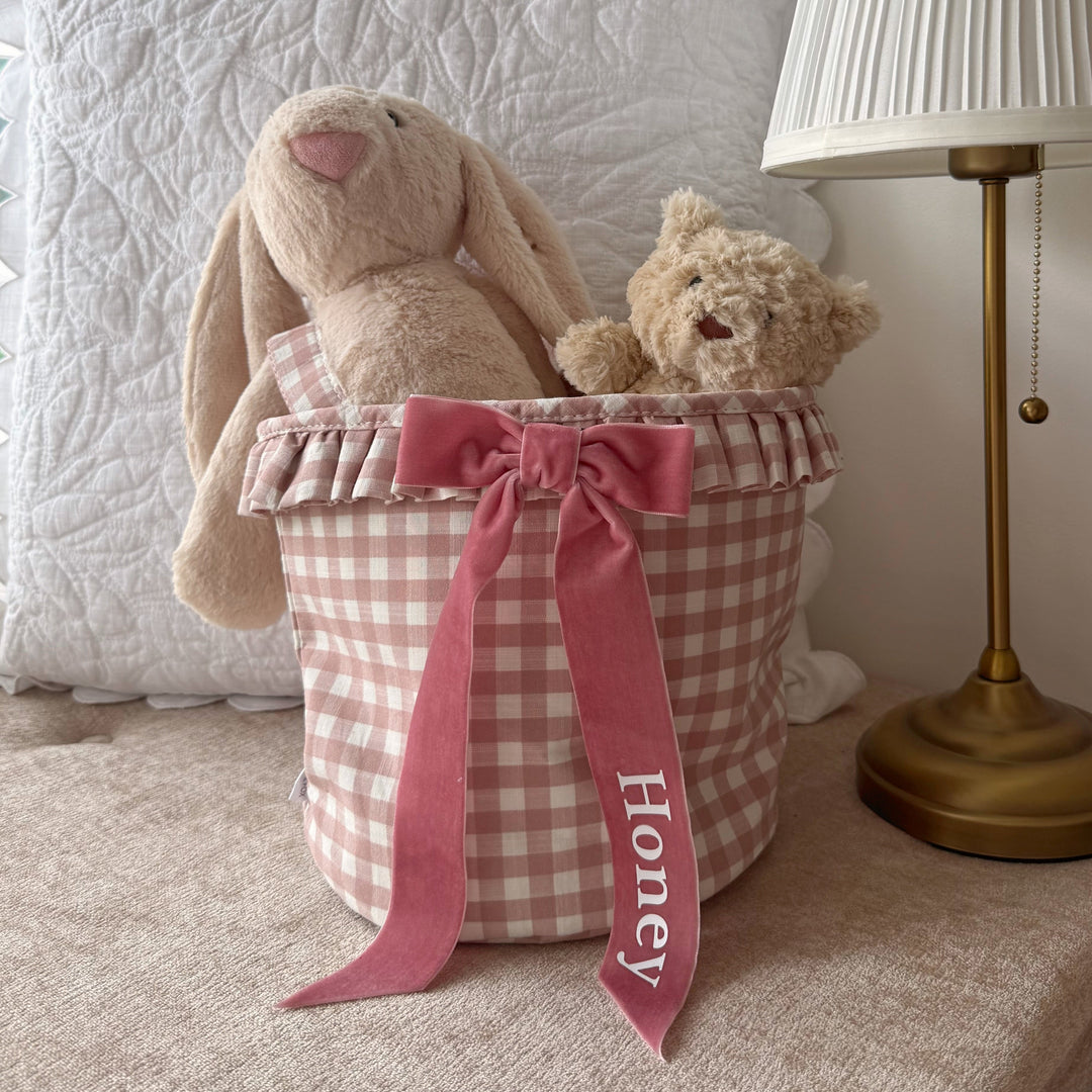 Mabel & Fox - Personalised Pink Gingham Ruffle Basket - Velvet Bow