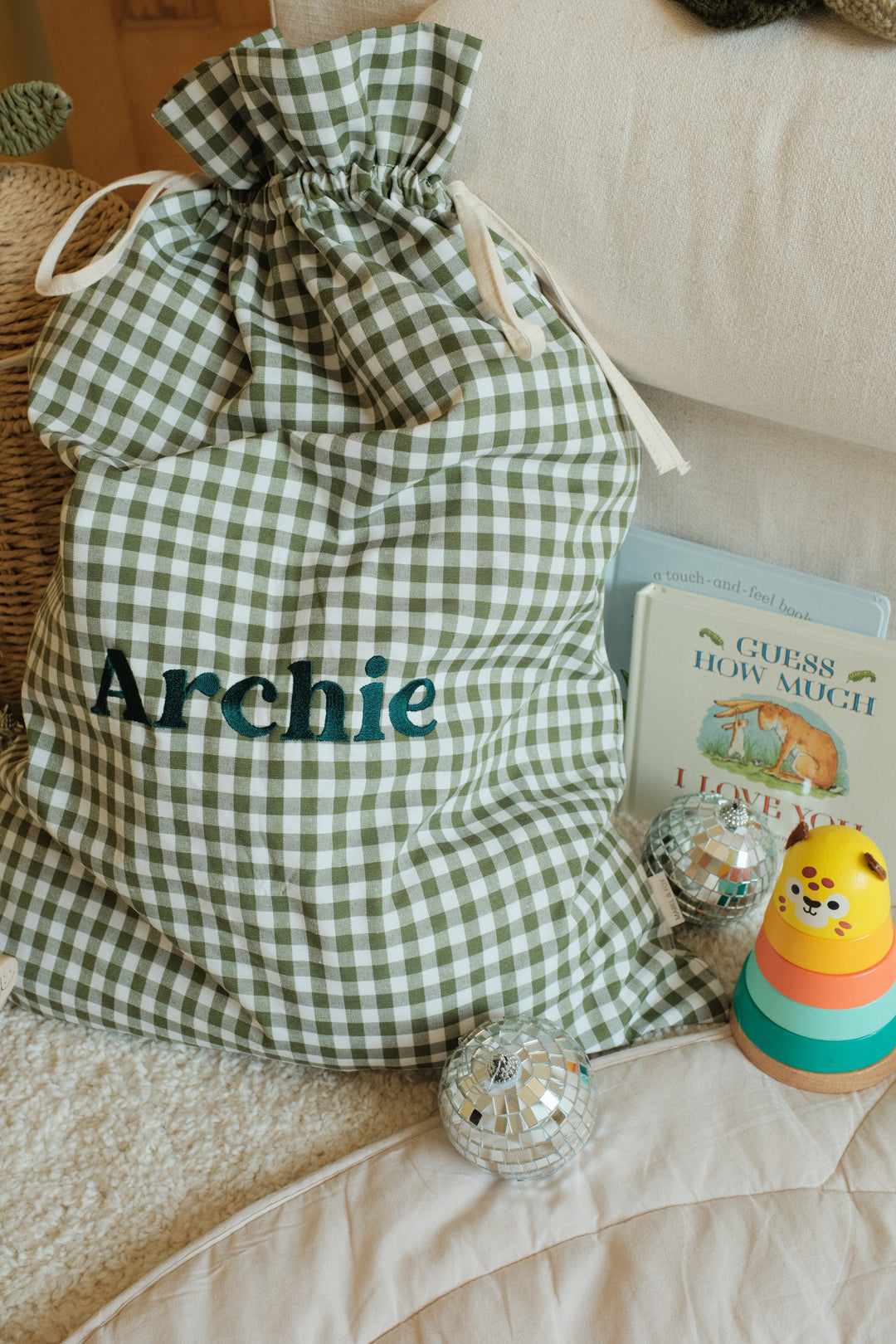 Mabel & Fox - Personalised Green Gingham Gift Sack - Embroidered