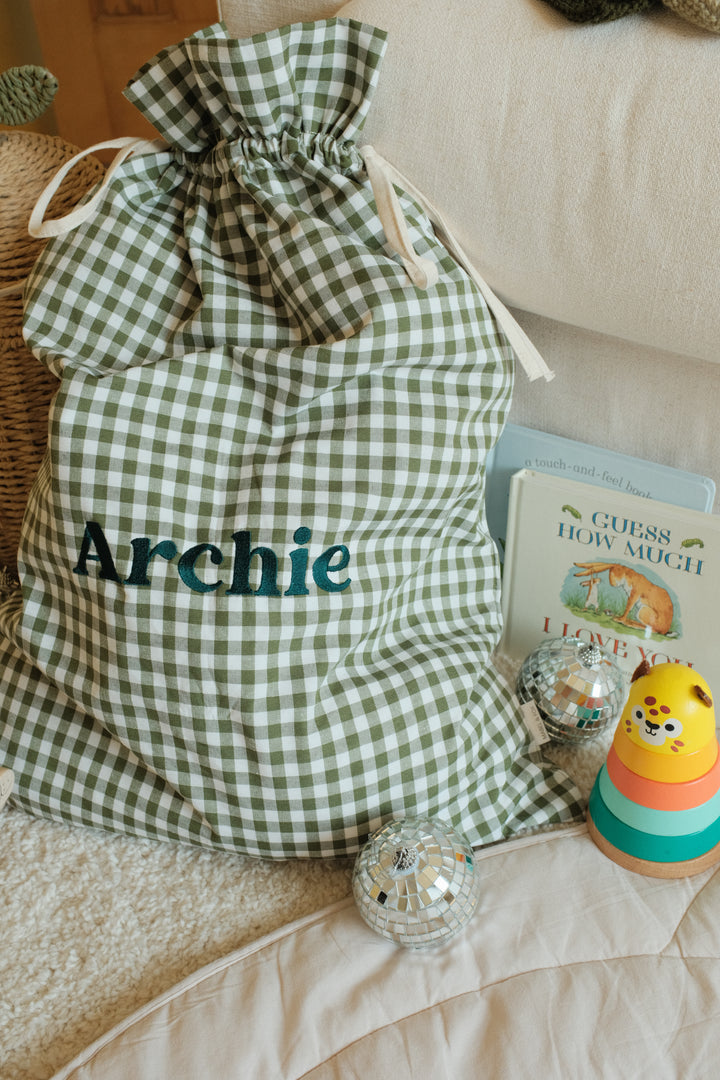 Mabel & Fox - Personalised Green Gingham Gift Sack - Embroidered