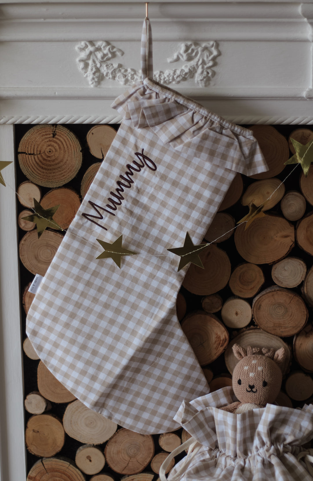 Mabel & Fox - Personalised Beige Gingham Stocking - Embroidered - Mabel & Fox