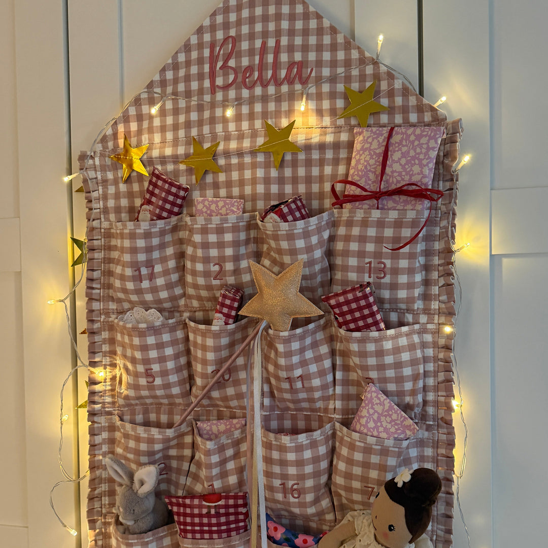 Mabel & Fox - Personalised Pink Gingham Ruffle Advent Calendar - Embroidered