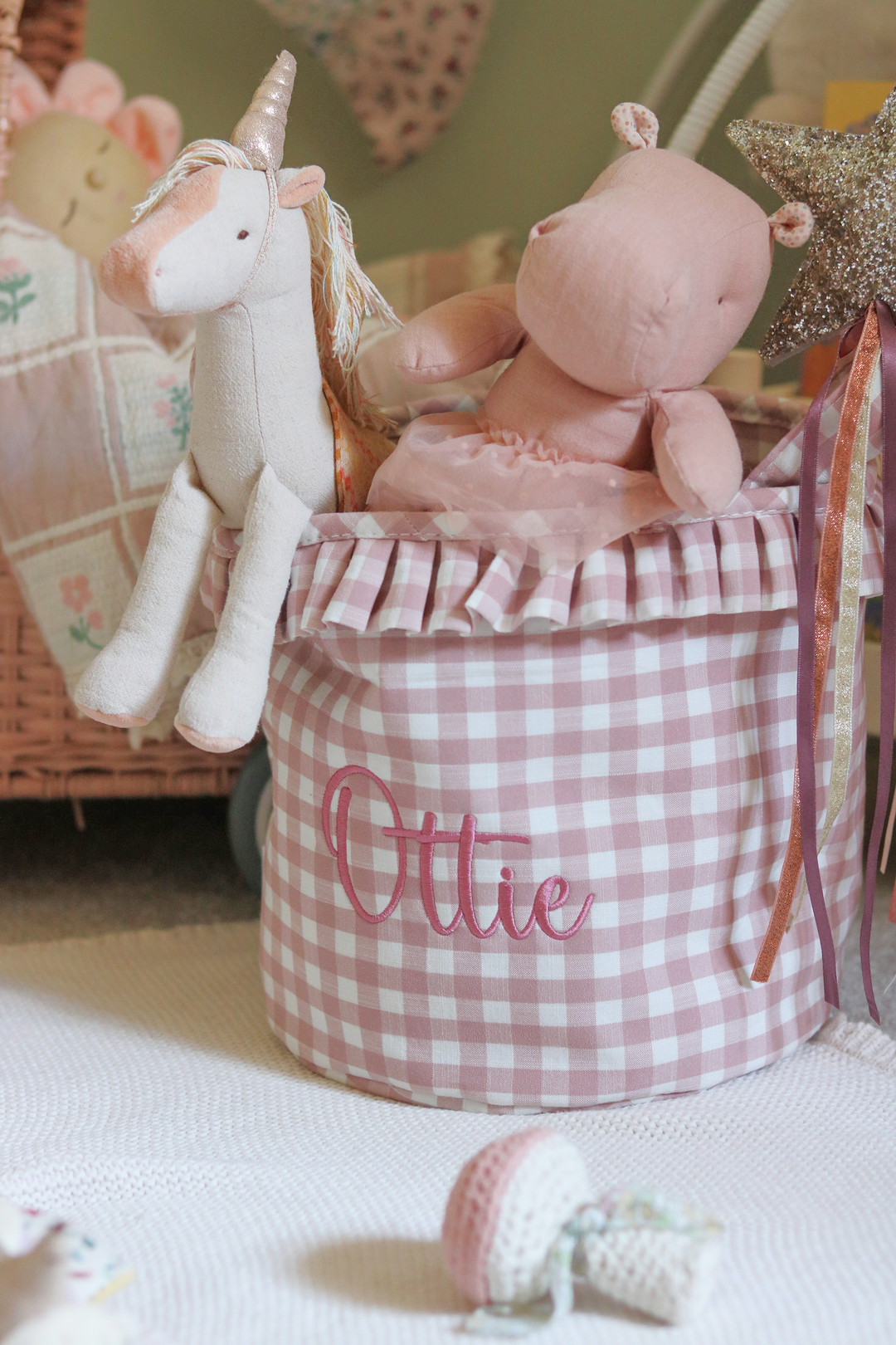 Mabel & Fox - Personalised Pink Gingham Ruffle Basket - Embroidered