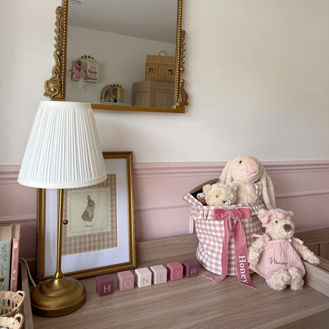 Mabel & Fox - Personalised Pink Gingham Ruffle Basket - Velvet Bow