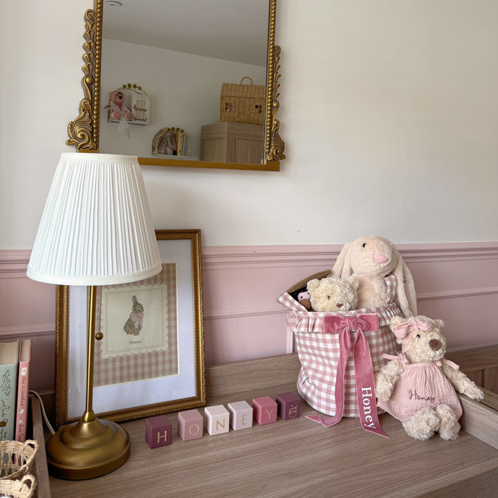 Mabel & Fox - Personalised Pink Gingham Ruffle Basket - Velvet Bow