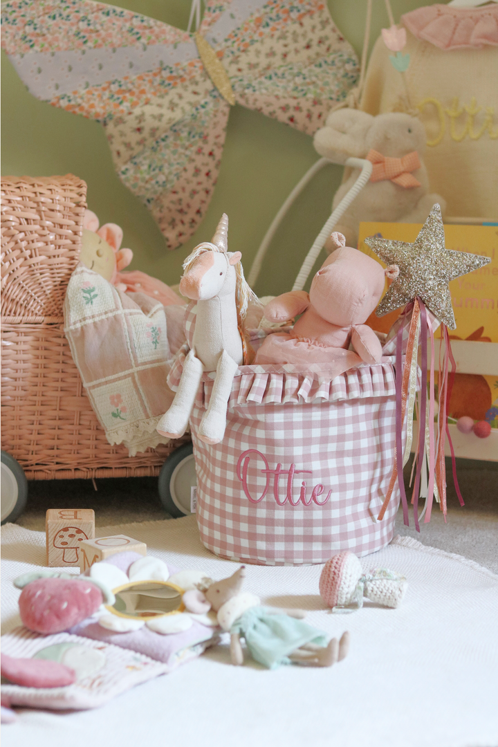 Mabel & Fox - Personalised Pink Gingham Ruffle Basket - Embroidered