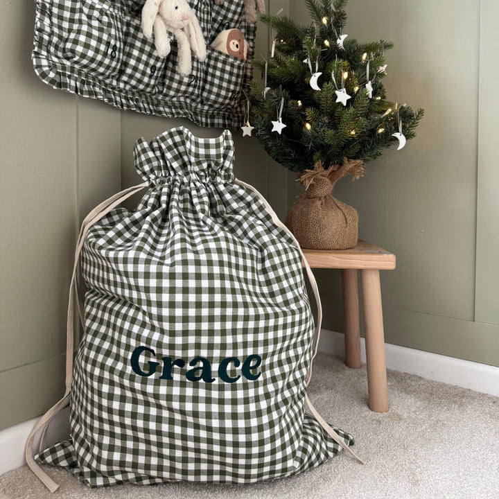 Mabel & Fox - Personalised Green Gingham Gift Sack - Embroidered