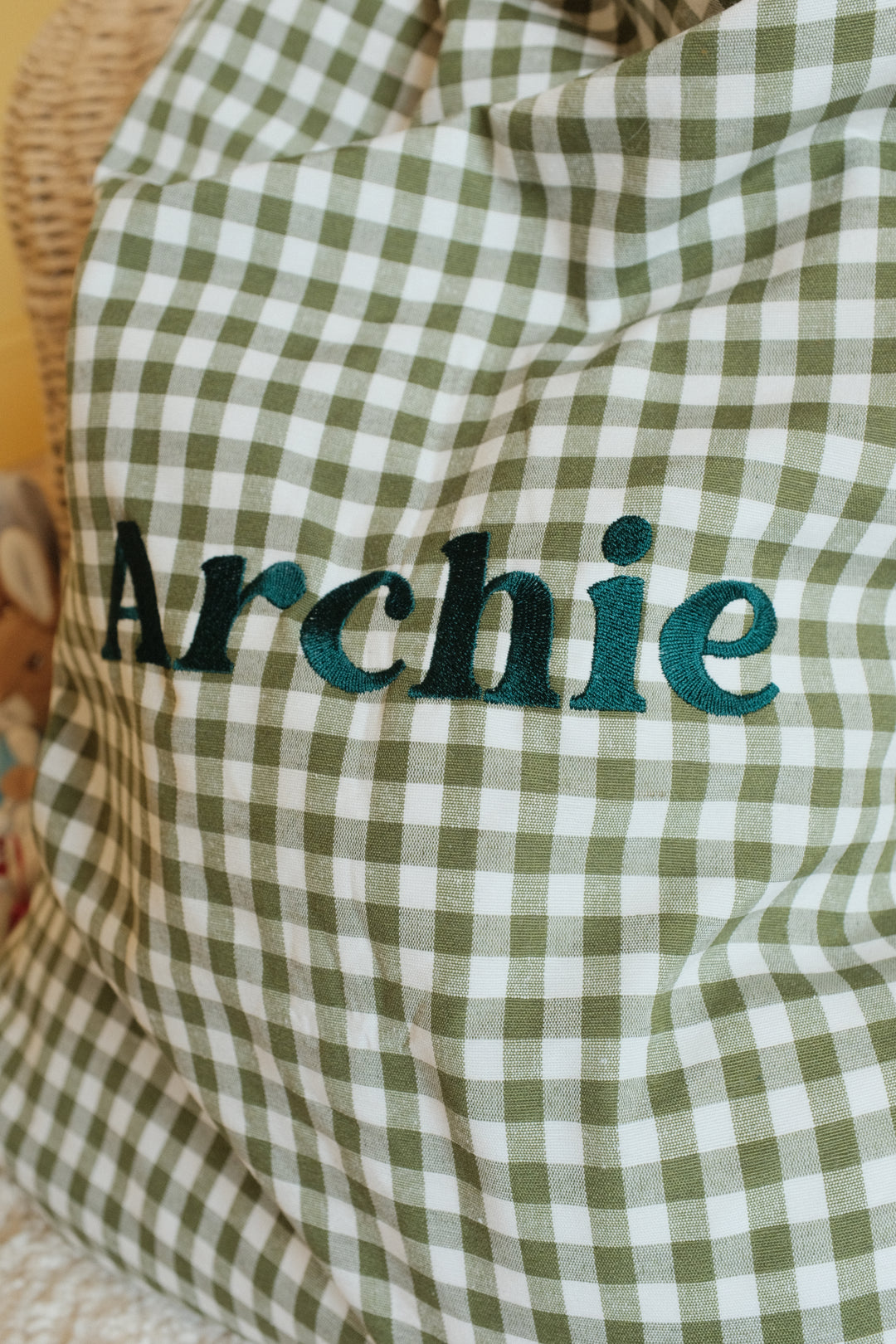 Mabel & Fox - Personalised Green Gingham Gift Sack - Embroidered