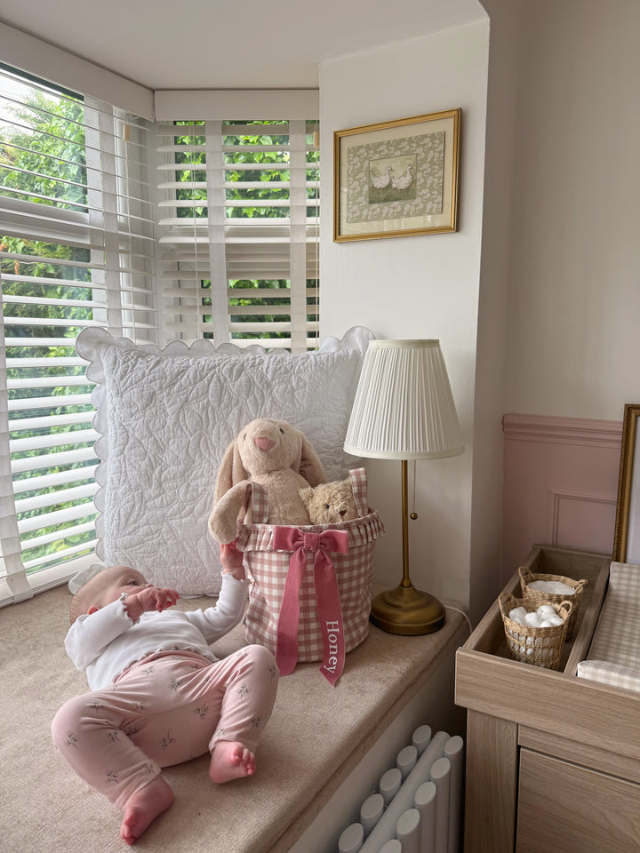 Mabel & Fox - Personalised Pink Gingham Ruffle Basket - Velvet Bow