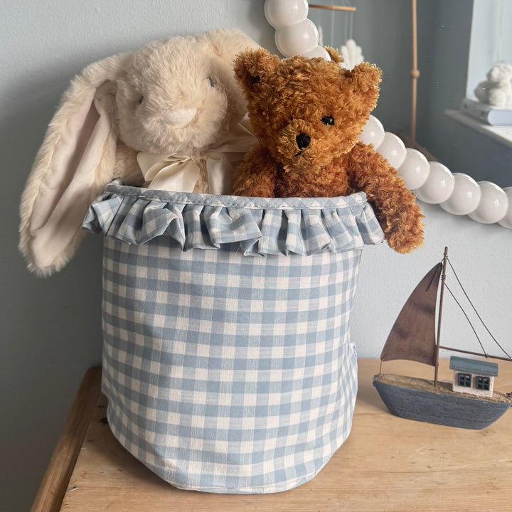 Mabel & Fox - Personalised Blue Gingham Ruffle Basket - Embroidered