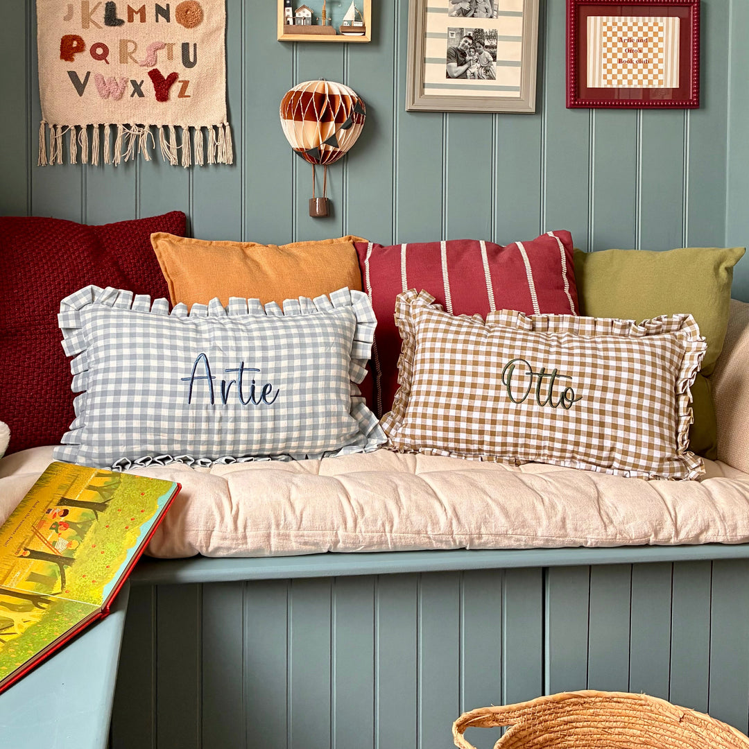 Mabel & Fox - Personalised Gingham Ruffle Cushion Cover - Blue