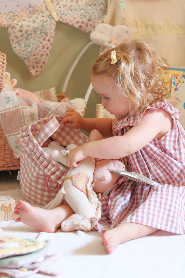 Mabel & Fox - Personalised Pink Gingham Ruffle Basket - Embroidered