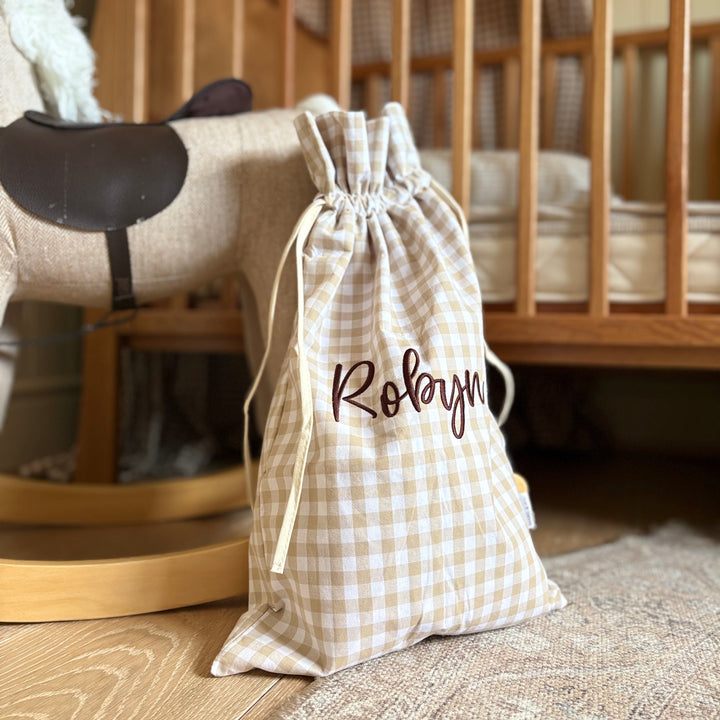 Mabel & Fox - Personalised Beige Gingham Mini Gift Sack - Embroidered
