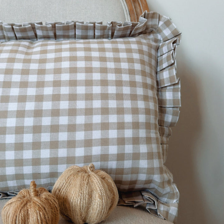Mabel & Fox - Gingham Ruffle Cushion Cover - Beige