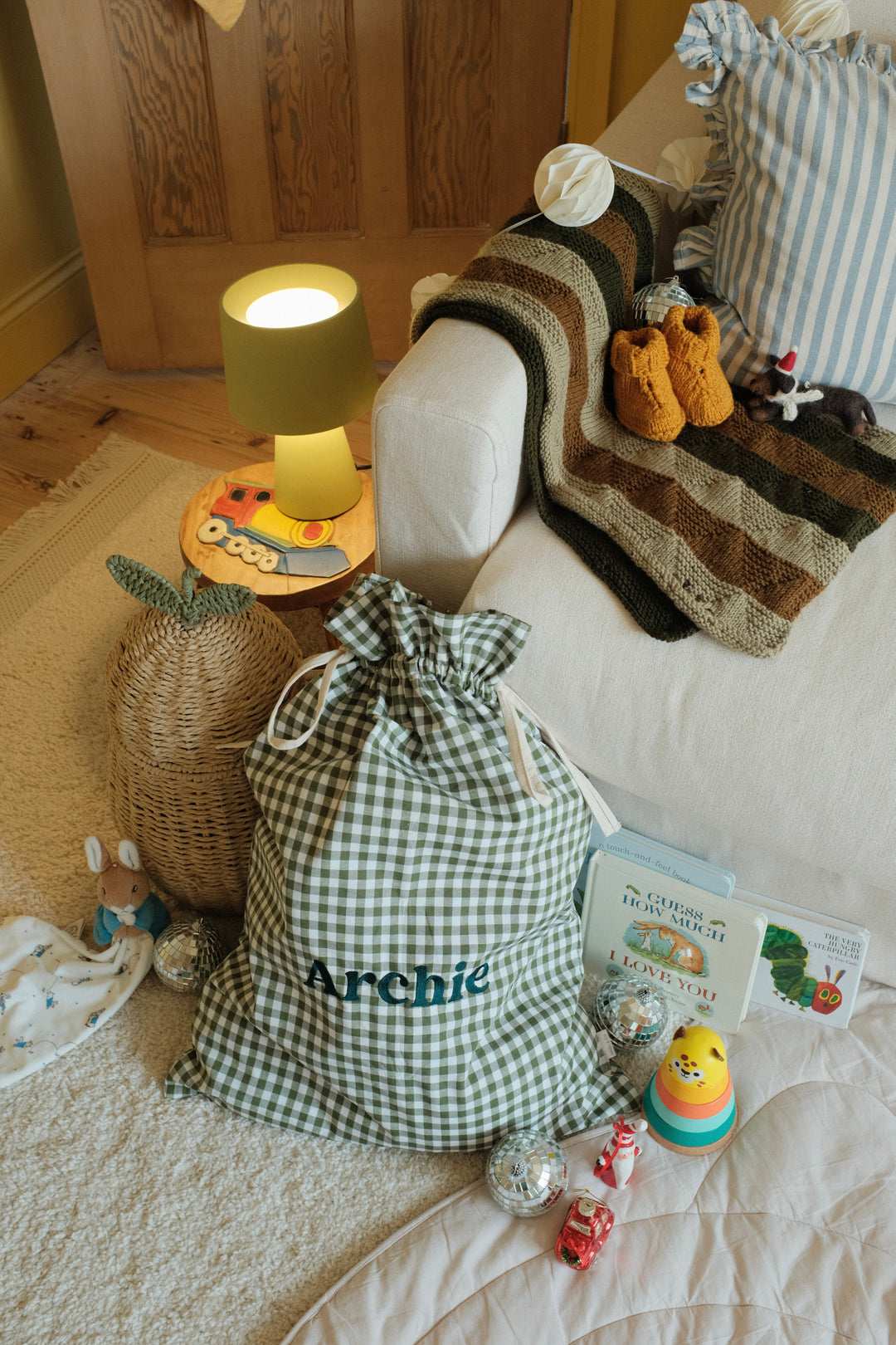 Mabel & Fox - Personalised Green Gingham Gift Sack - Embroidered