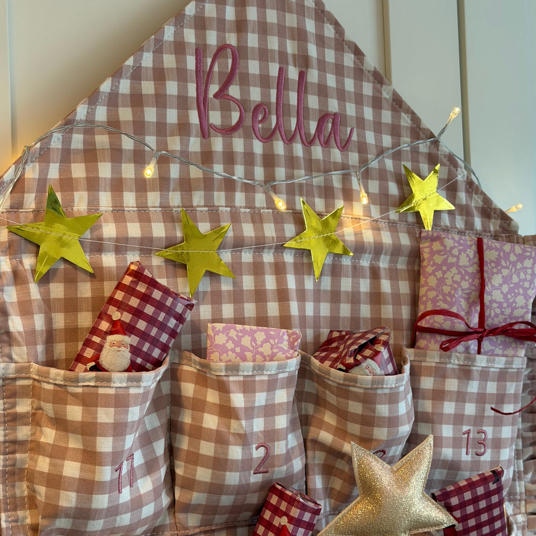 Mabel & Fox - Personalised Pink Gingham Ruffle Advent Calendar - Embroidered