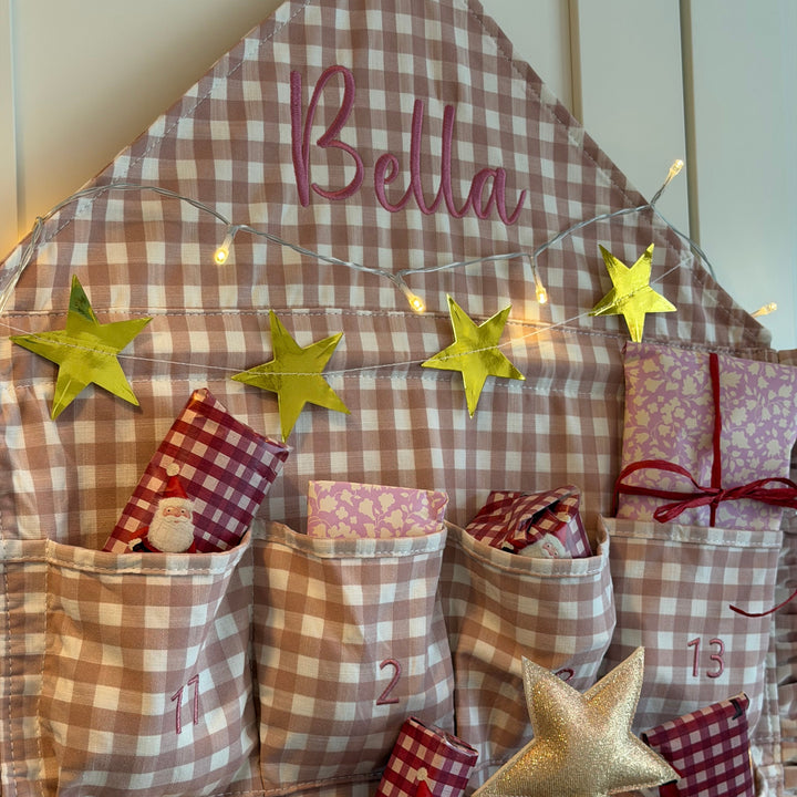 Mabel & Fox - Personalised Pink Gingham Ruffle Advent Calendar - Embroidered