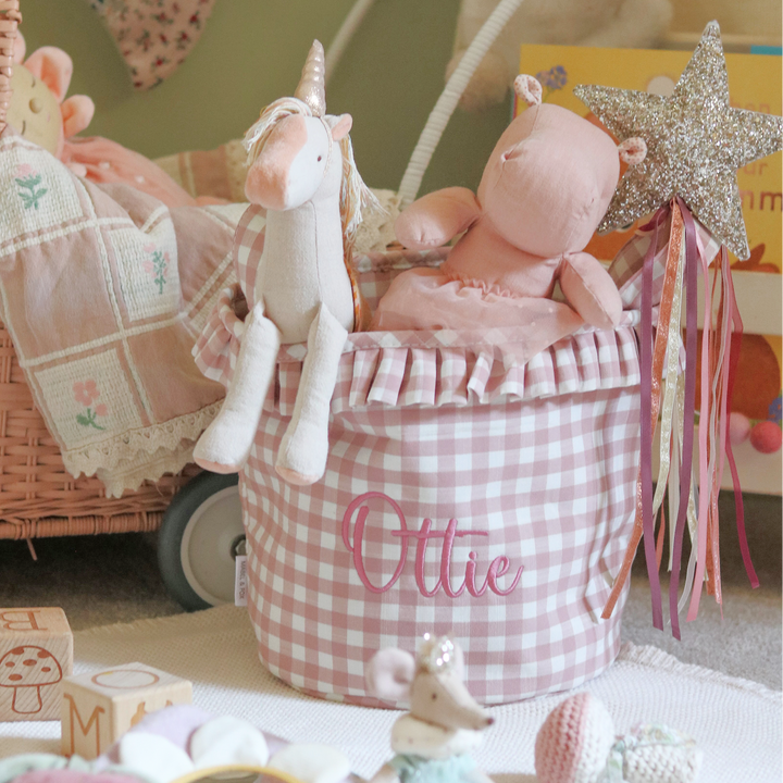 Mabel & Fox - Personalised Pink Gingham Ruffle Basket - Embroidered