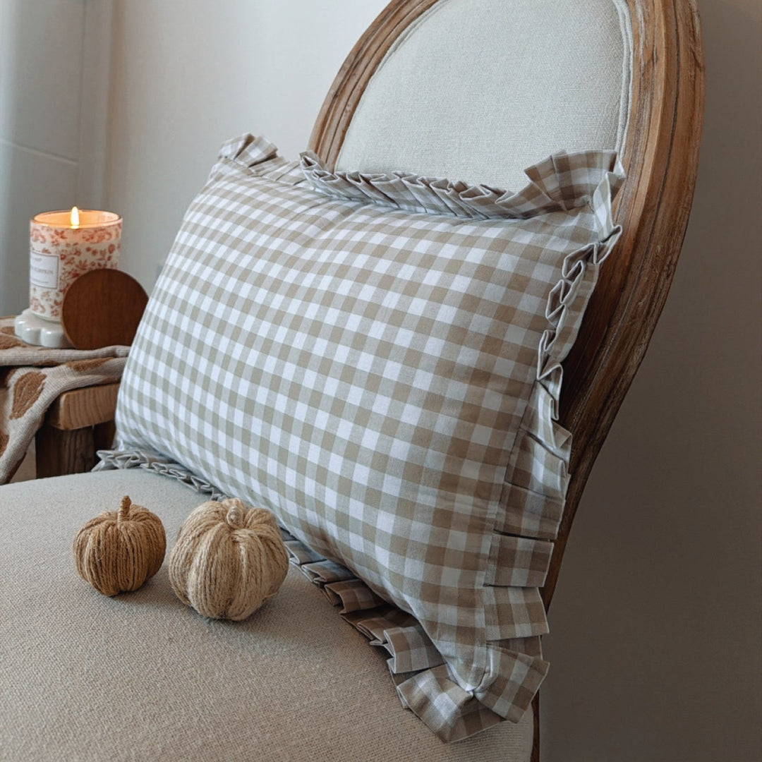 Mabel & Fox - Gingham Ruffle Cushion Cover - Beige