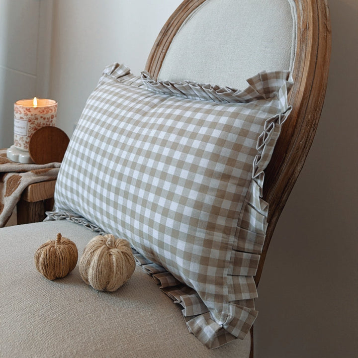 Mabel & Fox - Gingham Ruffle Cushion Cover - Beige
