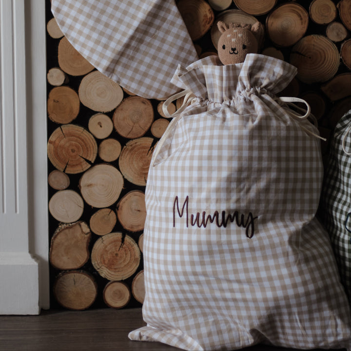 Mabel & Fox - Personalised Beige Gingham Gift Sack - Embroidered - Mabel & Fox