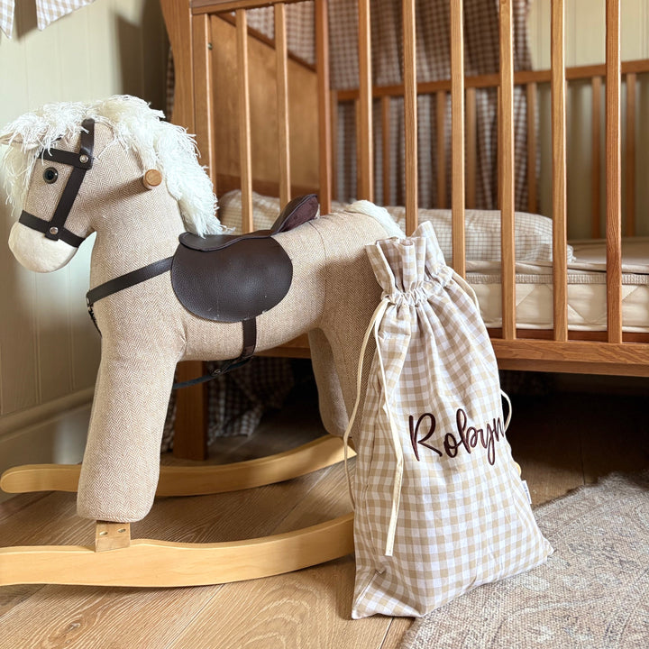 Mabel & Fox - Personalised Beige Gingham Mini Gift Sack - Embroidered