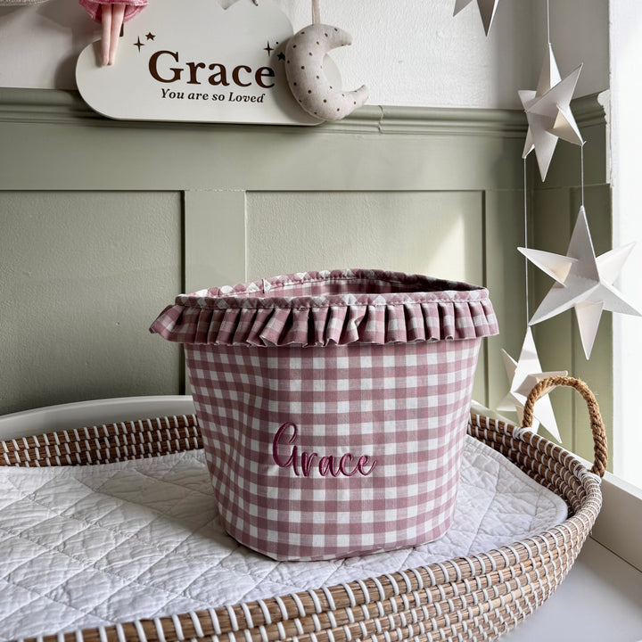 Mabel & Fox - Personalised Pink Gingham Ruffle Basket - Embroidered