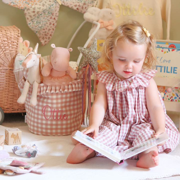 Mabel & Fox - Personalised Pink Gingham Ruffle Basket - Embroidered