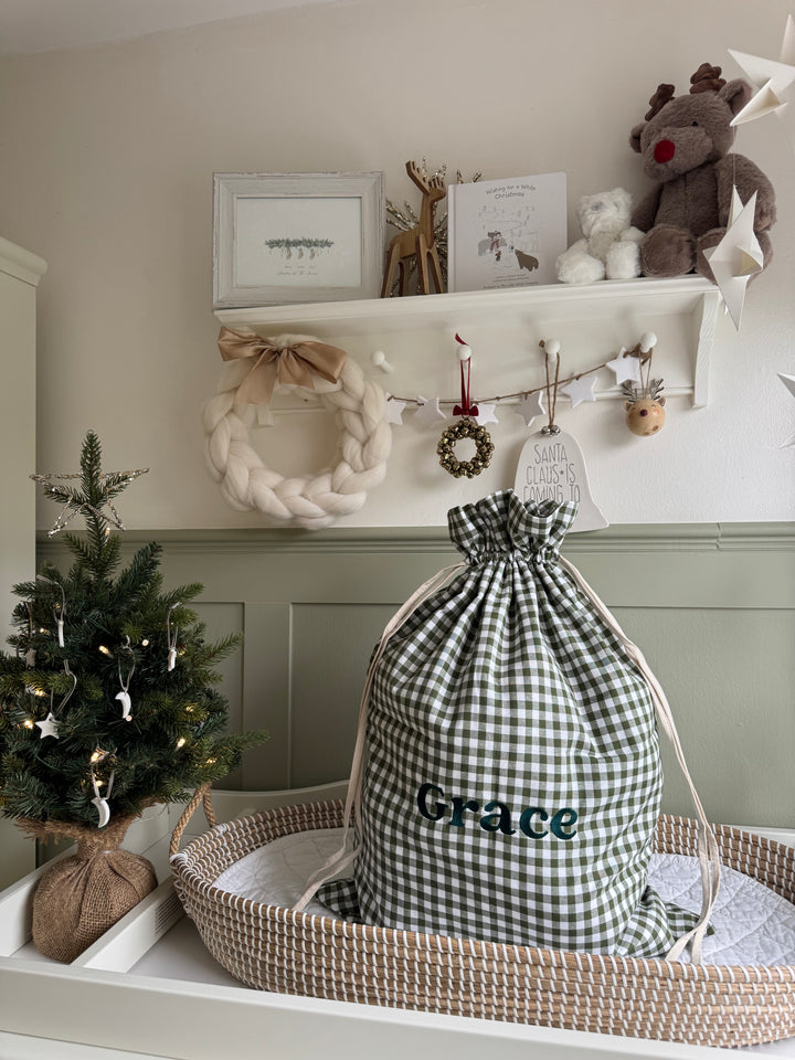 Mabel & Fox - Personalised Green Gingham Gift Sack - Embroidered