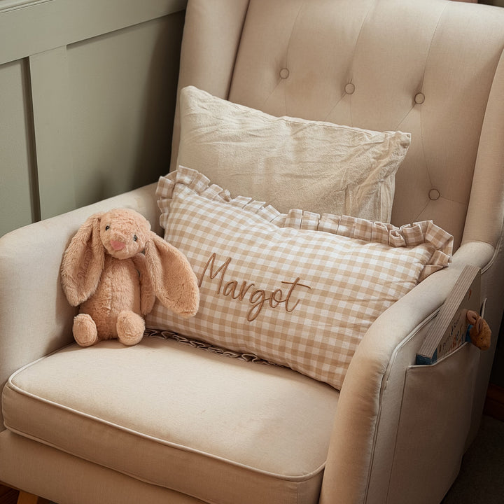 Mabel & Fox - Personalised Gingham Ruffle Cushion Cover - Beige