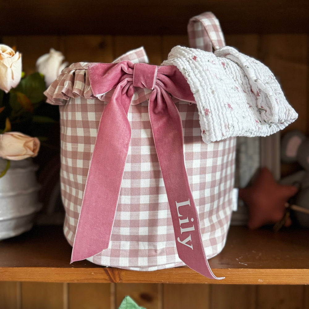 Mabel & Fox - Personalised Pink Gingham Ruffle Basket - Velvet Bow - Mabel & Fox