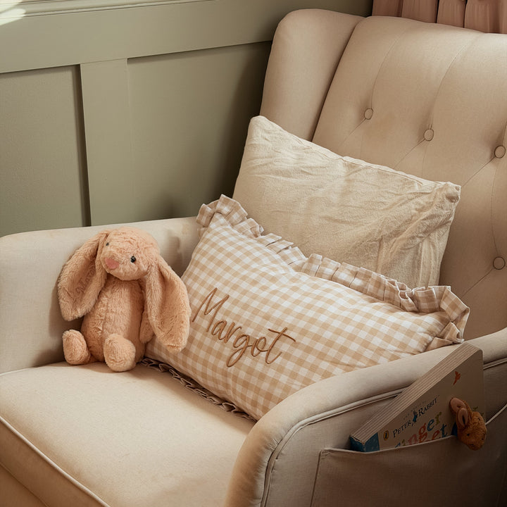 Mabel & Fox - Personalised Gingham Ruffle Cushion Cover - Beige