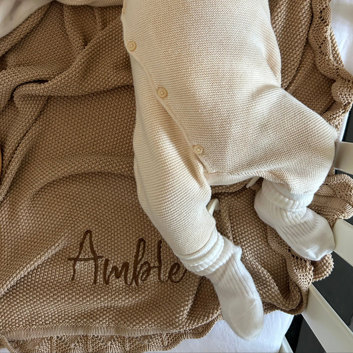 Mabel & Fox - Personalised Knitted Baby Blanket - Caramel