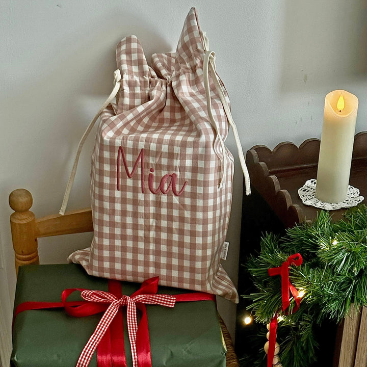 Mabel & Fox - Personalised Pink Gingham Mini Gift Sack - Embroidered
