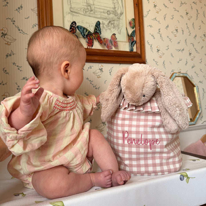 Mabel & Fox - Personalised Pink Gingham Ruffle Basket - Embroidered