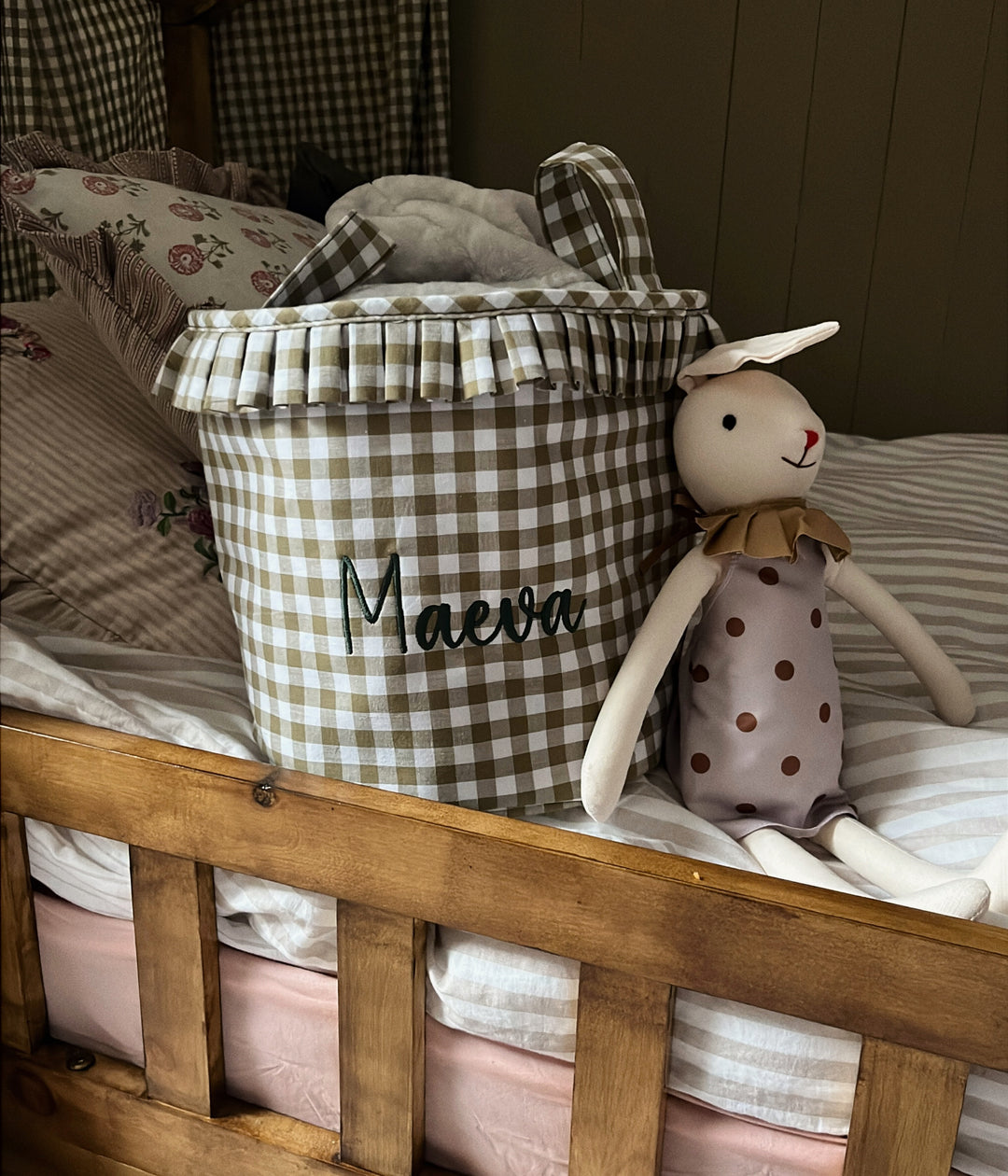 Mabel & Fox - Personalised Green Gingham Ruffle Basket - Embroidered - Mabel & Fox