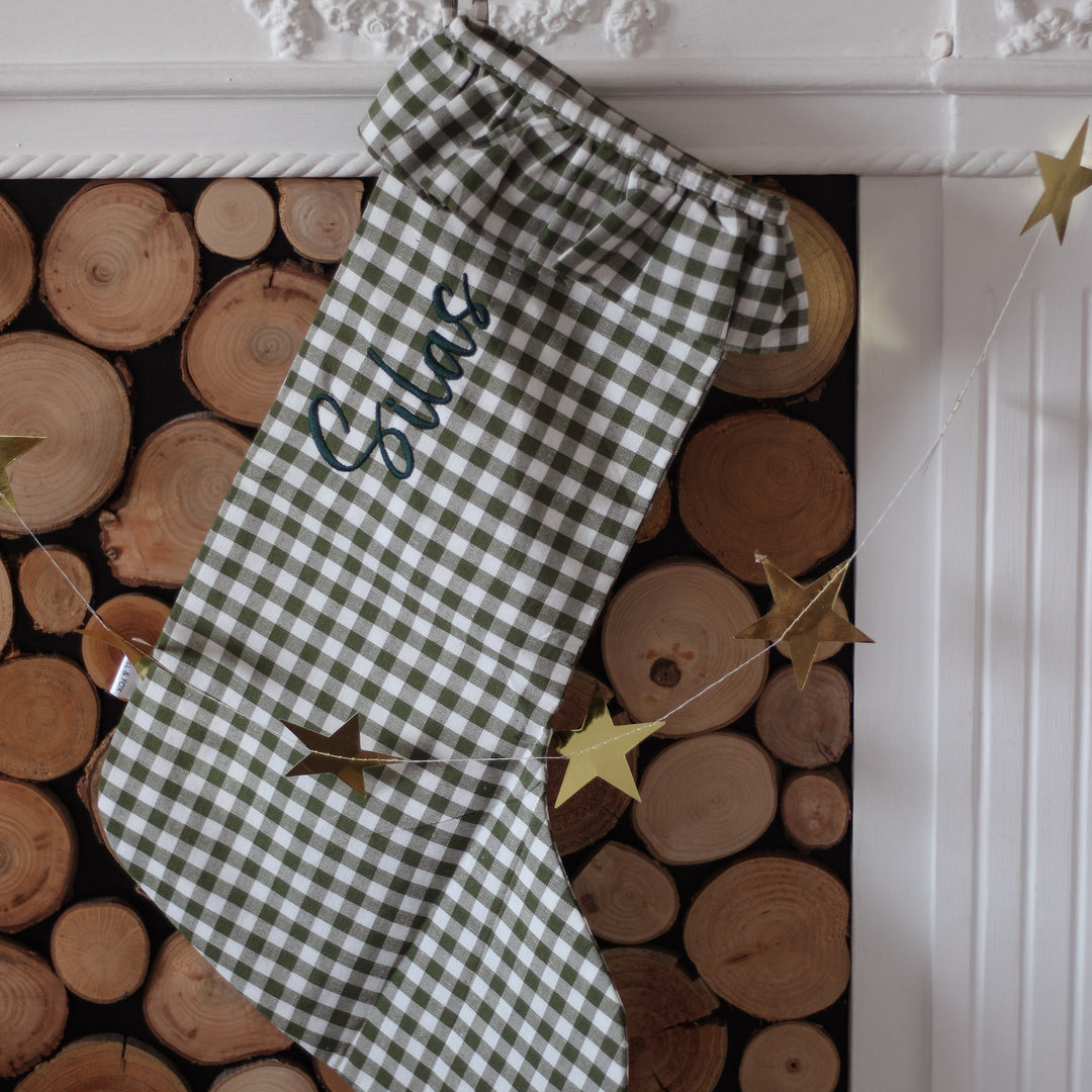 Mabel & Fox - Personalised Green Gingham Stocking - Embroidered - Mabel & Fox