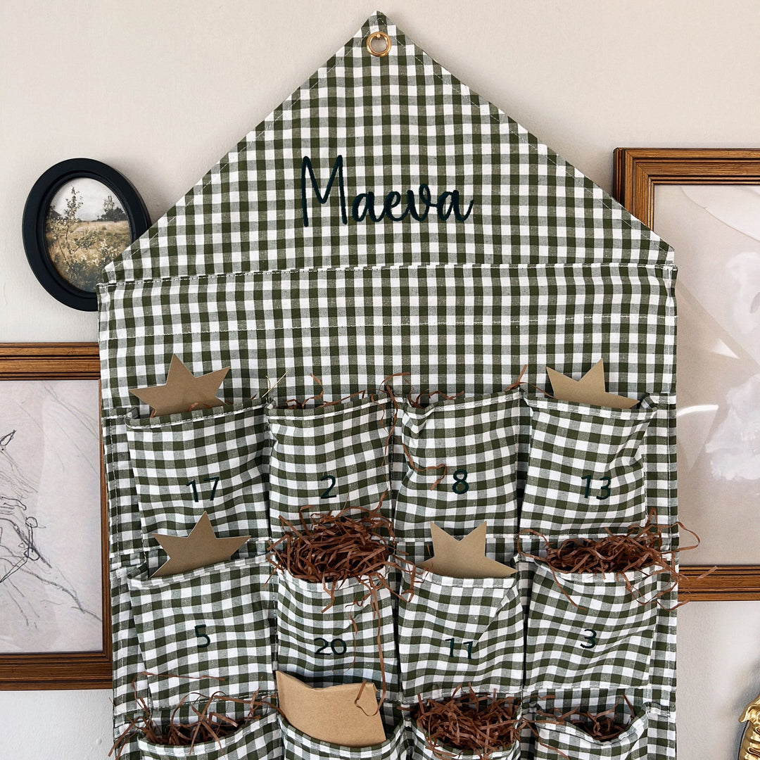 Mabel & Fox - Personalised Green Gingham Advent Calendar - Embroidered - Mabel & Fox