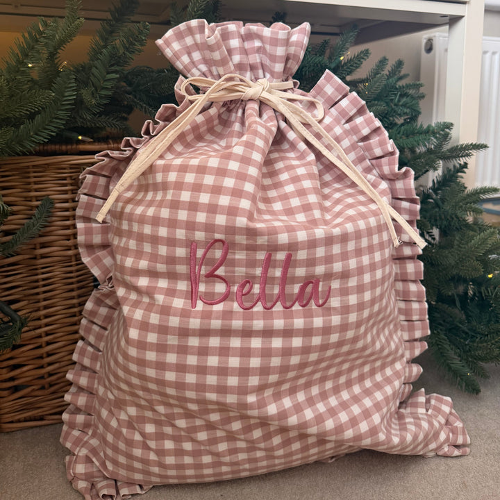 Mabel & Fox - Personalised Pink Gingham Ruffle Gift Sack - Embroidered