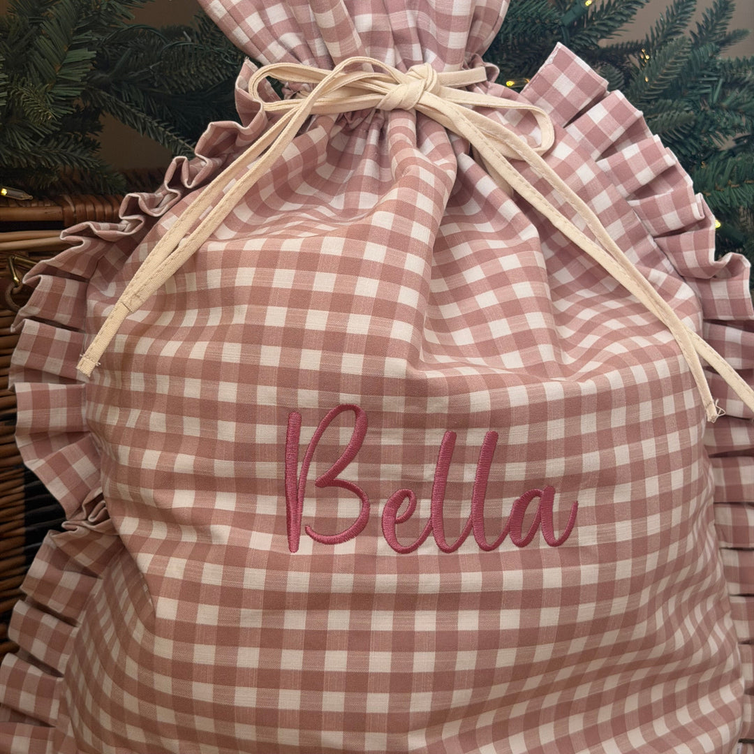 Mabel & Fox - Personalised Pink Gingham Ruffle Gift Sack - Embroidered