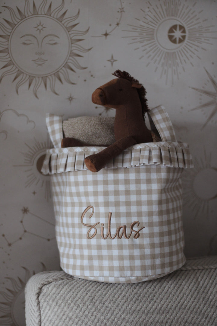 Mabel & Fox - Personalised Beige Gingham Ruffle Basket - Embroidered
