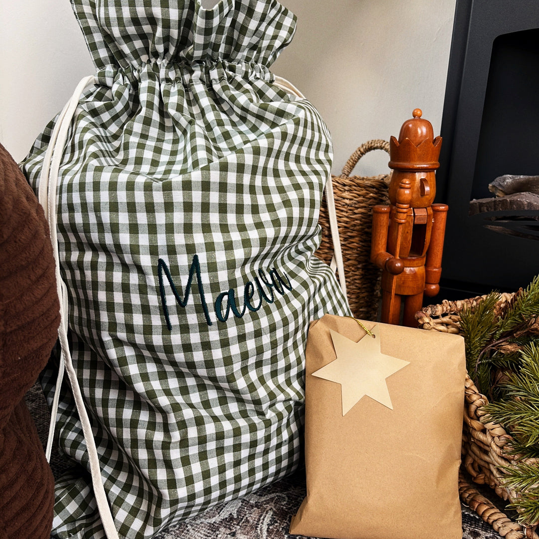 Mabel & Fox - Personalised Green Gingham Gift Sack - Embroidered - Mabel & Fox