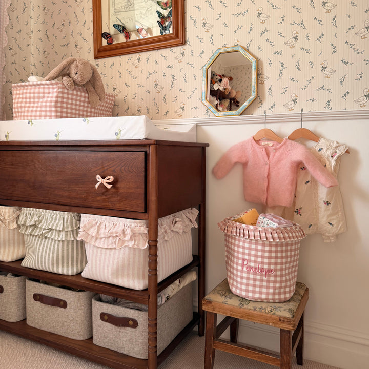 Mabel & Fox - Personalised Pink Gingham Ruffle Basket - Embroidered