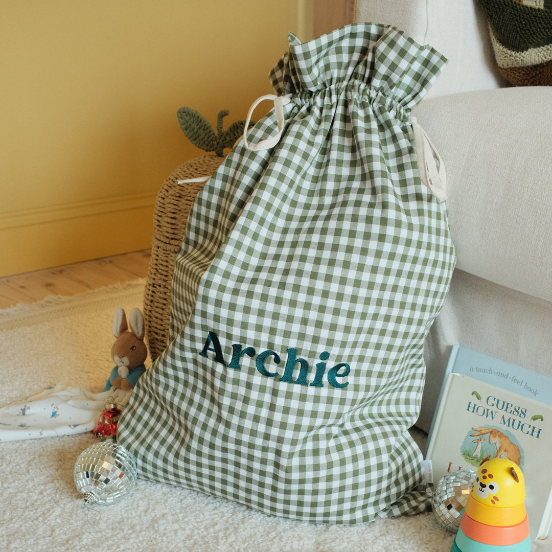 Mabel & Fox - Personalised Green Gingham Gift Sack - Embroidered