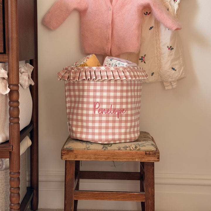 Mabel & Fox - Personalised Pink Gingham Ruffle Basket - Embroidered