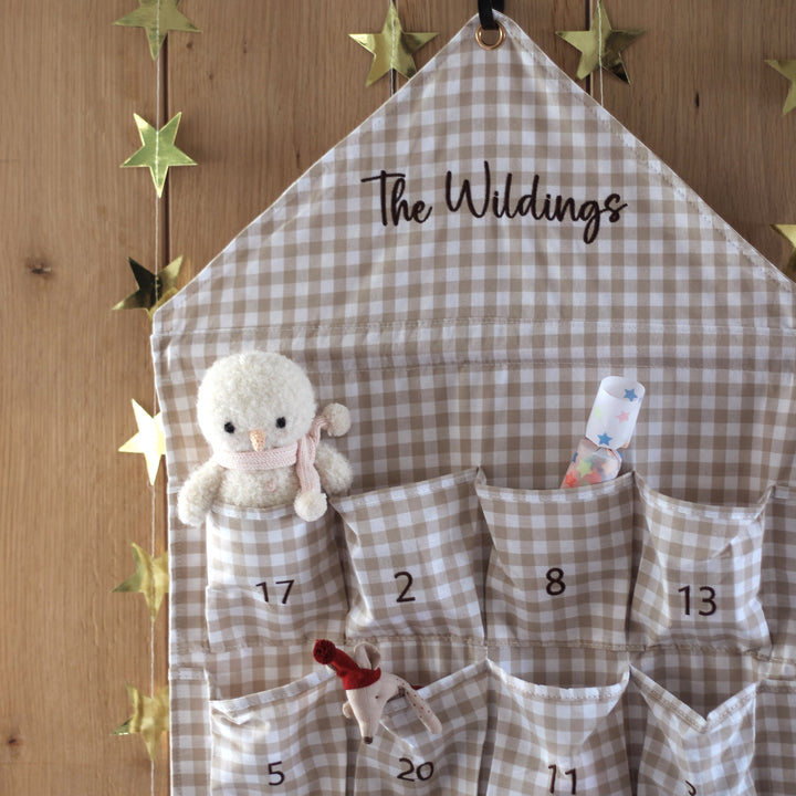 Mabel & Fox - Personalised Beige Gingham Advent Calendar - Embroidered - Mabel & Fox