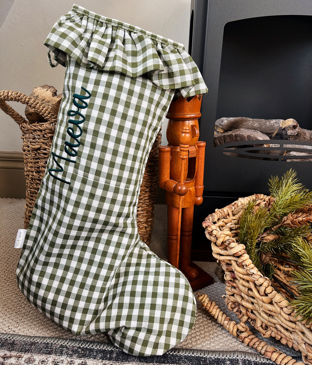 Mabel & Fox - Personalised Green Gingham Stocking - Embroidered - Mabel & Fox